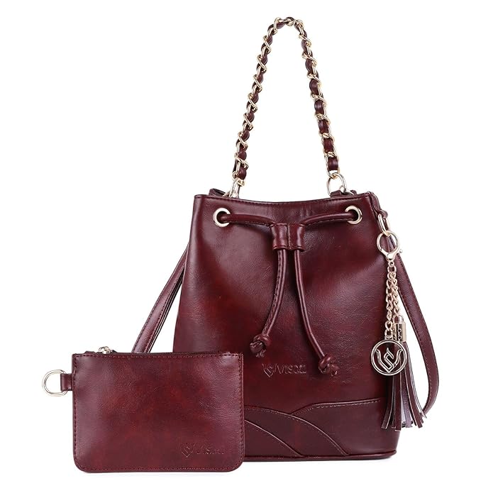 Leather Bucket Handheld Bag with Tasselled