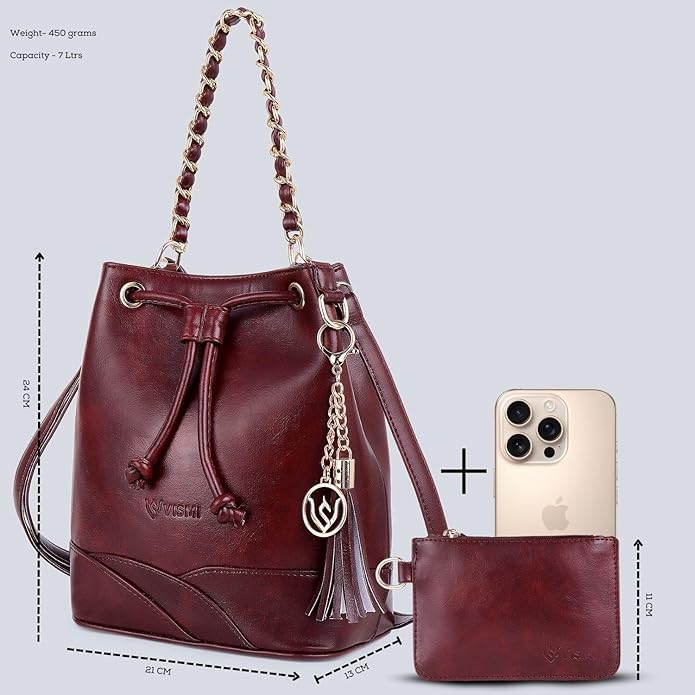 Leather Bucket Handheld Bag with Tasselled