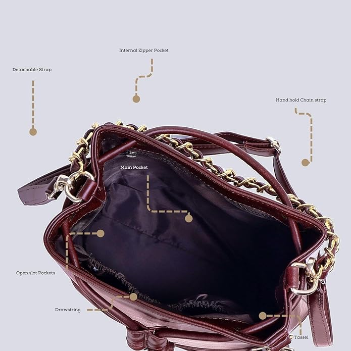 Leather Bucket Handheld Bag with Tasselled