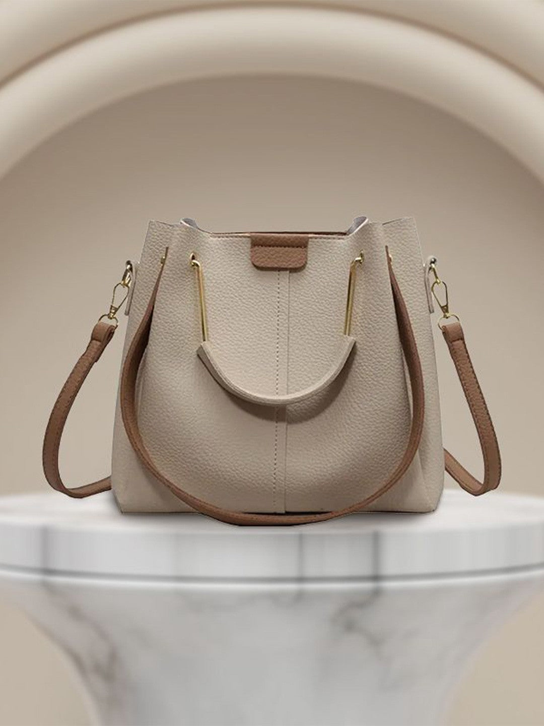 Beige Textured Shoulder Hand Bag