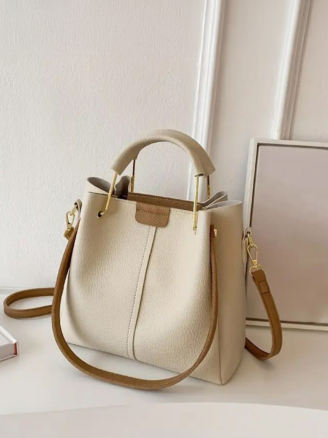 Beige Textured Shoulder Hand Bag