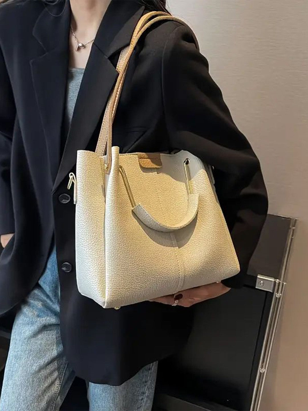 Beige Textured Shoulder Hand Bag