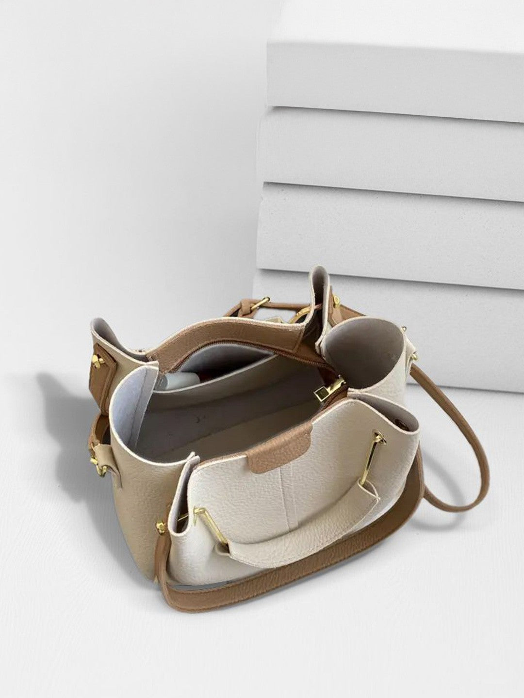 Beige Textured Shoulder Hand Bag